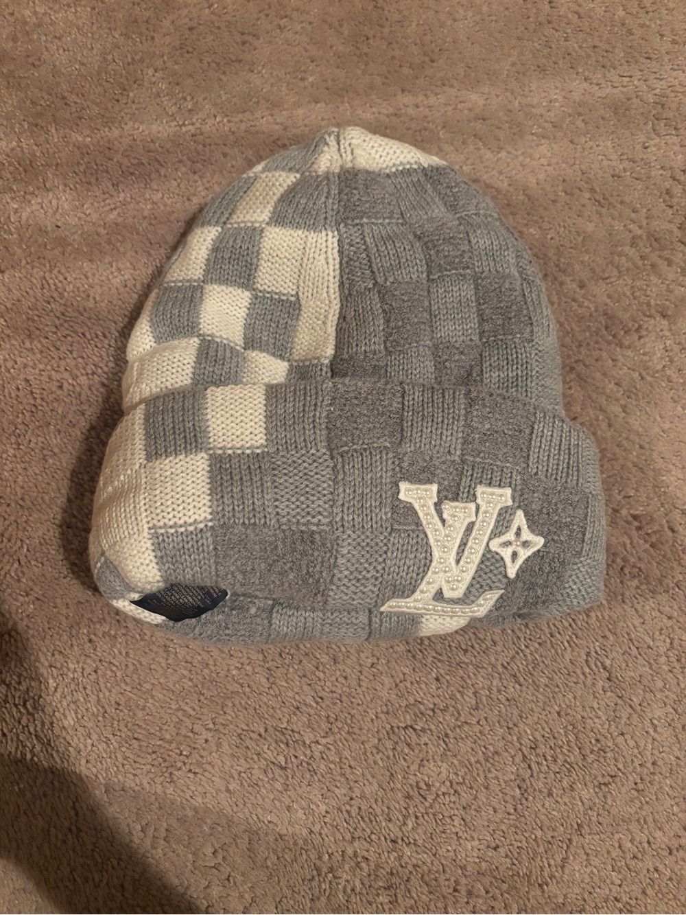 Louis Vuitton Gray & Cream Checker Knit Beanie